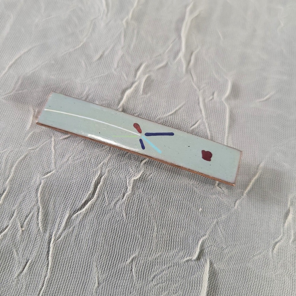 Vintage Copper Enamel Tie Clip Bar Blue Abstract Mid Century Modern Jewelry